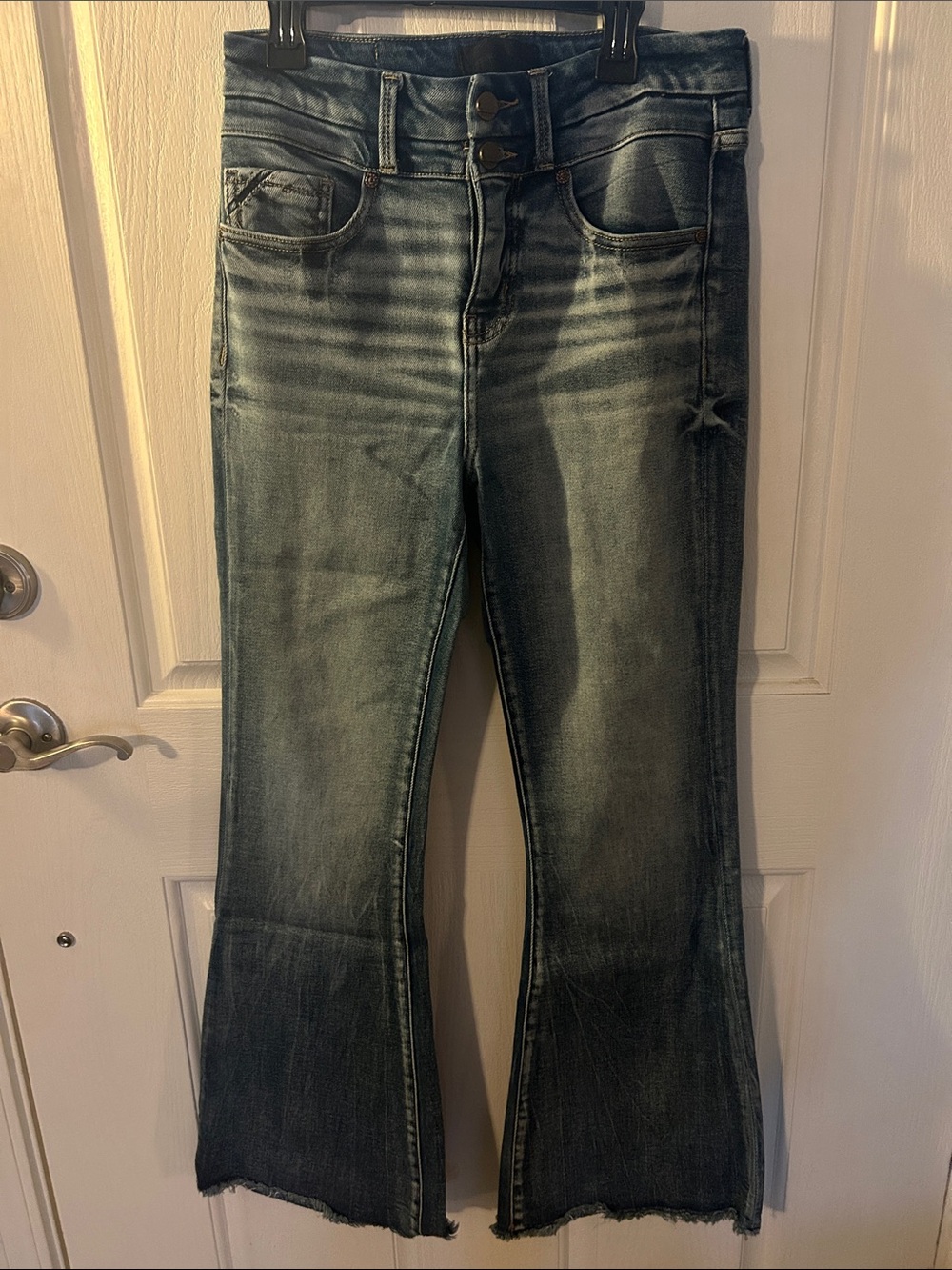 Buckle Women's Distressed Dark Blue Flare Leg Jeans 27X30